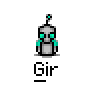 A 3x3 contact sheet of pixel art frames showing a small robot character with turquoise accents, some frames featuring text or pose changes.
