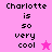 Pixelated text 'Charlotte is so very cool' on pink background with a small pink star icon.