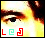 A pixelated close-up of a person's eye with yellow and orange tones, featuring three distinct symbols below the eye in red, green, and red.