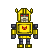 Pixel art robot with yellow and dark blue armor, red eyes, and a red symbol on its chest against a gray background.