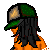 Pixel art contact sheet showing three animated frames of a character in orange outfit with black shorts and boots, wearing green-and-brown cap, with text labels below each frame.