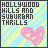 Pixelated graphic with text 'HOLLYWOOD HILLS AND SUBURBAN THRILLS' in dark gray block letters over a light blue and yellow checkered background, featuring a pink heart shape on the right.