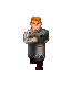 Pixelated character with orange hair and blue eyes in gray outfit with red spots, shown in four running poses on gray background.