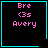 Four identical square with cyan borders display pink text reading "Bre <3s Avery" on black backgrounds, each containing a distinct small symbol in the corner