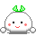 A 3x3 contact sheet of pixel art frames showing a white round character with green leafy hair, black square eyes, red cheeks, and a smiling mouth in various poses against a gray background.