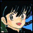 Pixelated anime-style character face with dark hair and blue background, next to stylized text on black background.