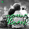 Black-and-white photo of two people embracing from behind with green text overlay, heart symbol changes color across frames.