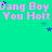 A static image with a bright green background displays repeated text in pink and blue, featuring 'Dang Boy Dang Boy' above 'You Hott You Hott' across three