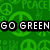 Green background with repeating peace symbols and 'GO GREEN' text in pixelated font, displayed twice on the image.