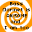 Four identical pixelated display orange and white spiral backgrounds with black text reading "Bass Clarinet is AWSOME and I am too" in a blocky font
