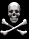 Animated sequence of a 3D skull and crossbones icon with varying poses and red 'MENU' text on black background.