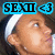 Pixelated image of a person's face with light brown hair, wearing white headphones and looking upward. A blue rectangular banner above the head displays black text "SEMI" followed by a stylized arrow symbol.