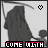 Pixelated animated icon shows a hooded figure with scythe and child, text changing between 'COME WITH ME' and heart symbols in pink/black/white palette.