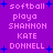 Pixelated text and blue starbursts on a purple background, with repeated words 'softball', 'playa', 'SHANNON', 'KATE', 'DONNELL' in light pink.