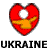 A pixelated red heart-shaped icon with a white star in the center and yellow-orange accents, positioned above bold black text reading "UKRAINE" on a transparent background.