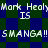 Pixelated text repeats 'Mark Healy IS SMANGA!!' over a blue and green checkered background in an animated sequence.