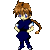 Pixel art character with brown hair and blue eyes in dark blue outfit, shown across with tail movement variations