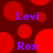 Red circular shapes on dark red background with purple text 'Levi' and 'Rox' in pixelated font.