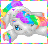 Pixelated cartoon unicorn with rainbow mane and tail, lying down on white background inside colorful border frame.
