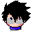 Pixelated character head with spiky black hair, gray eyewear, pink cheeks, and blue collar in six sequential expressions.