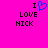 A bright pink background displays two identical text blocks with 'I' above a blue heart symbol, followed by 'LOVE NICK' in black pixelated font.