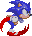 Pixelated blue hedgehog with red shoes and white gloves in four sequential running poses against gray background.