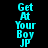 Cyan pixelated text "Get At Your Boy JP" appears in three vertical on black background with white horizontal bars shifting positions across frames