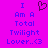 A static pixel art image with a bright pink background, blue text reading "I Am A Total Twilight Lover..<3", and a dark purple pixelated heart symbol above the text.