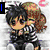 Pixelated anime-style character with dark and light brown hair, wearing a striped shirt, holding hands in front of their face.