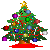 Pixelated Christmas tree with golden star, red base, and multicolored ornaments on gray background.