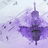 Pixelated purple and white image with a central dark shape resembling a stylized figure or object against a light background.