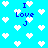 Pixelated blue background with white heart shapes and blue text reading "I Love J" scattered across the image.