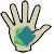 Pixelated hand icon with beige palm, black outline, and blue-green gradient on the palm against gray background.
