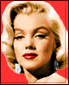 Four show a woman with blonde hair, red lipstick, and silver earrings against a solid red background