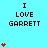 A light blue background displays the text "I LOVE GARRETT" in black pixelated font with red heart symbols appearing in varying quantities and positions across the animation.