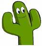 Green cartoon cactus with two arms and a smiling face on white background.