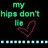 Green pixelated text reads 'My hips don't lie' above a dark red heart symbol on black background with light blue squares at bottom.
