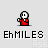 Pixelated character in red outfit with white circular head, performing sequential arm movements above text 'EhMILES' on light gray background.