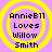 Four identical pixelated icons arranged in a , each with yellow concentric circles on a purple background and black text reading "AnnieB11 Loves Willow Smith"