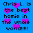 Blue background with repeated black text 'Chris L. is the best homie in the whole world!!!!!' and pink heart shapes scattered throughout.