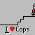 Pixel art animation of a white stick figure with red heart chest symbol climbing stairs, interacting with blue-uniformed police figures and speech bubbles.