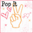 Pixelated hand making peace sign with pink hearts and text variations on a white background.