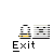 Pixelated buddy icon with yellow torso and white head, paired with 'Exit' text and X button, showing sequential text bubbles and cursor interactions.