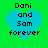 Four identical pixelated heart-shaped icons with blue fill and green background, each displaying text "Doni and Sam forever" in black pixelated font.