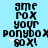 Pixelated black text on light blue background with pink starbursts, displaying 'gme ROX your ponybox X GO X!' in stacked lines.