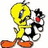 Yellow cartoon bird with blue eye and orange feet holds black-and-white cat with red nose against white background, surrounded by pink pixelated text and heart borders.