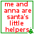 Four identical square with green borders display red text reading "me and anna are santa's little helpers" alongside a small pixelated green tree icon
