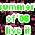 Green pixelated text 'summer of '08 live it' on a black background with pink star shapes, with a gray rectangle in the bottom right corner.