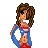Pixel art contact sheet showing a cheerleader character in multiple frames with text elements and an American flag background.