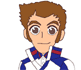 Animated character with brown hair in three expressions: neutral, smiling, and sweating with closed eyes.